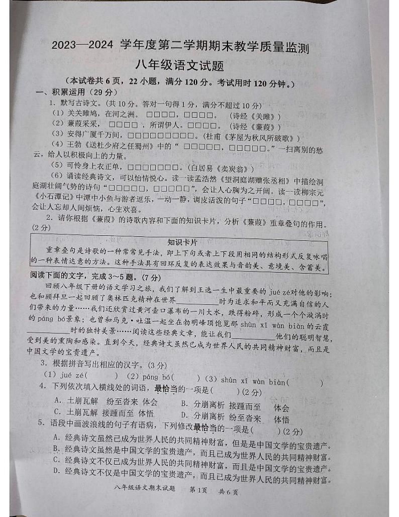 广东省惠州市惠阳区2023-2024学年八年级下学期期末教学质量监测语文试题01