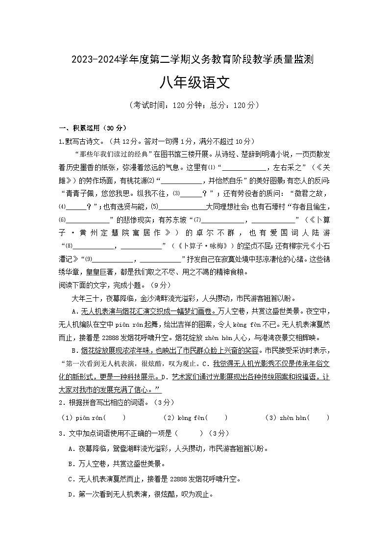 广东省湛江市赤坎区等2地2023-2024学年八年级下学期7月期末语文试题01