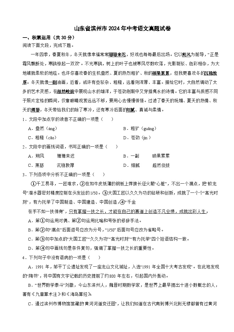 山東省濱州市2024年中考語文真題試卷【附答案】第1頁