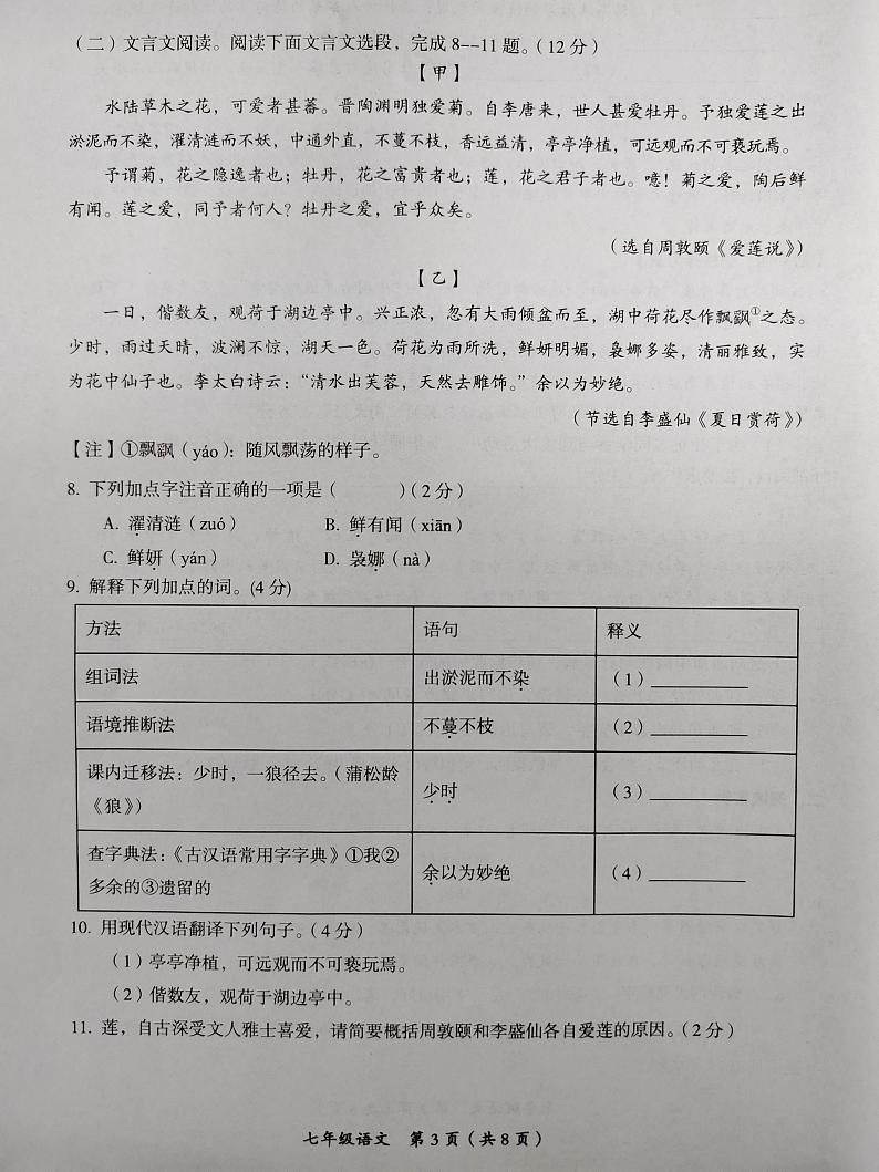海南省省直辖县级行政单位澄迈县2023-2024学年七年级下学期7月期末语文试题03