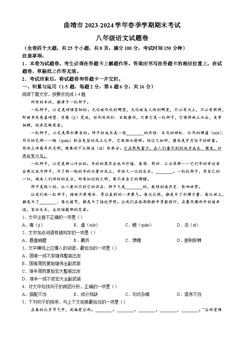 云南省曲靖市2023-2024学年八年级下学期期末语文试题01