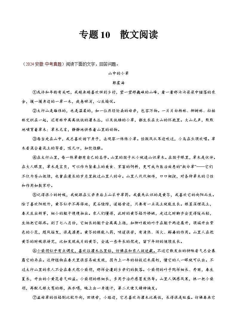 專題10  散文閱讀-2024年中考語文真題分類匯編（全國通用）（學(xué)生卷）第1頁