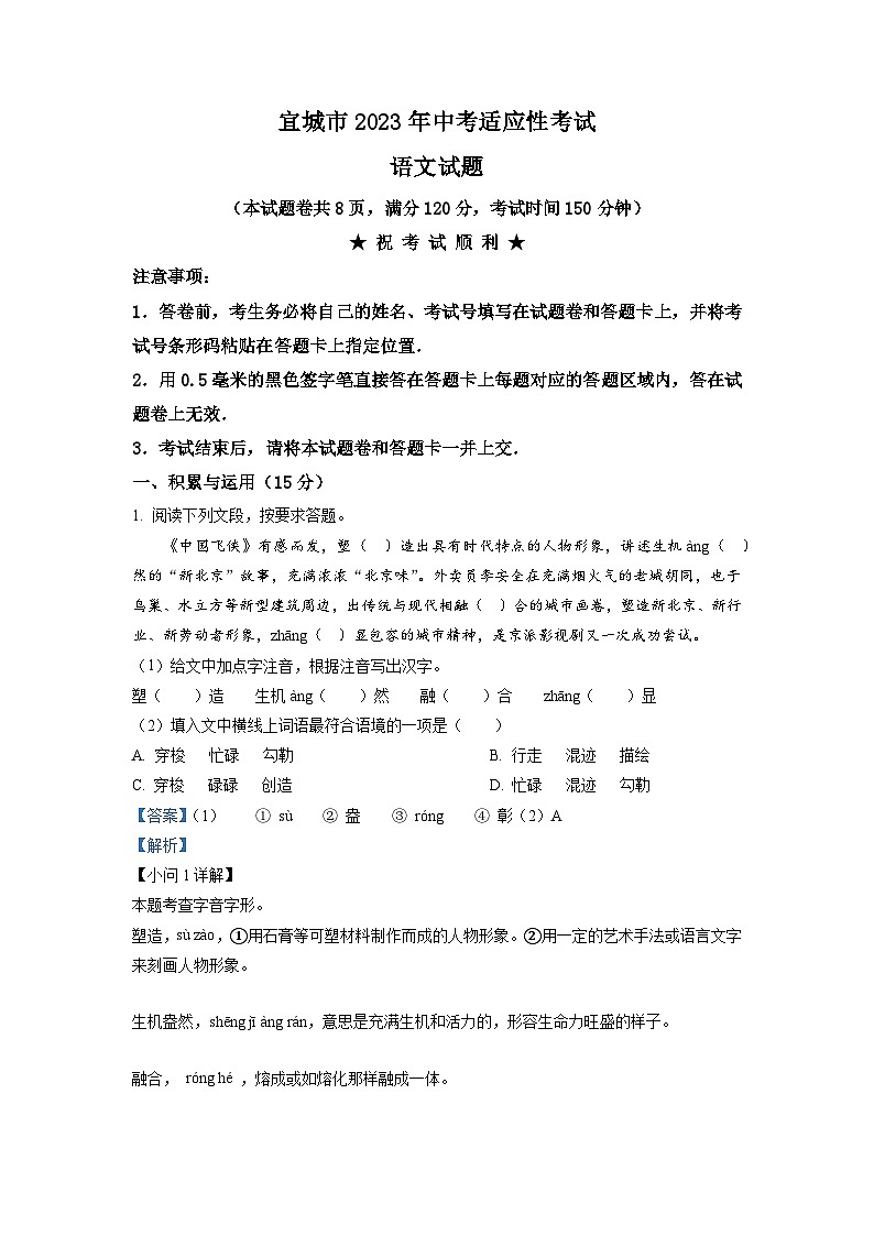 2023年湖北省襄阳市宜城市中考模拟语文试题(解析版)第1页