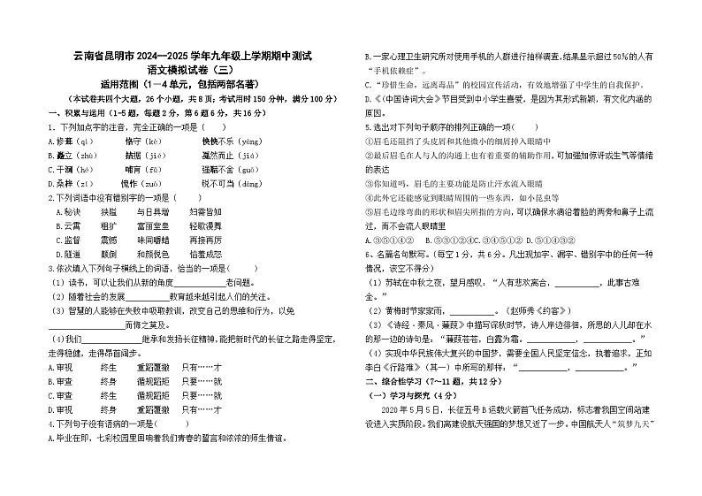 云南省昆明市2024--2025学年九年级上学期期中测试语文模拟卷(三)及答案01
