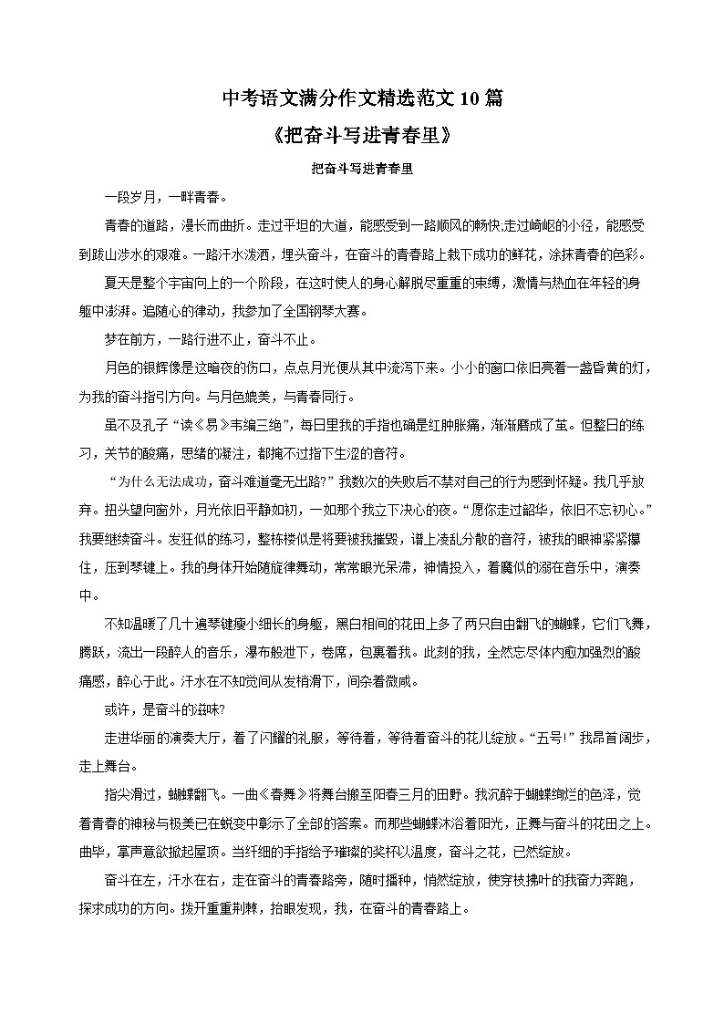 中考语文满分作文《把奋斗写进青春里》精选范文10篇练习01