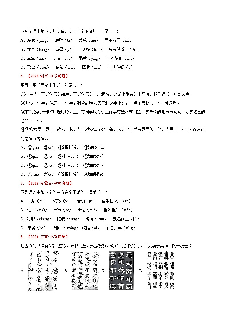 三年(2022-2024)中考语文真题分类汇编(全国通用)专题01 字音、字形(原卷版)(全国通用)02