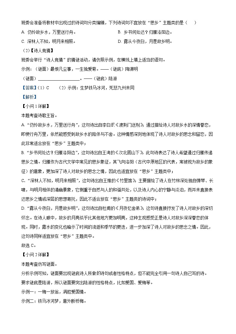 安徽省淮南市潘集区2023-2024学年八年级下学期期末语文试题(解析版)03