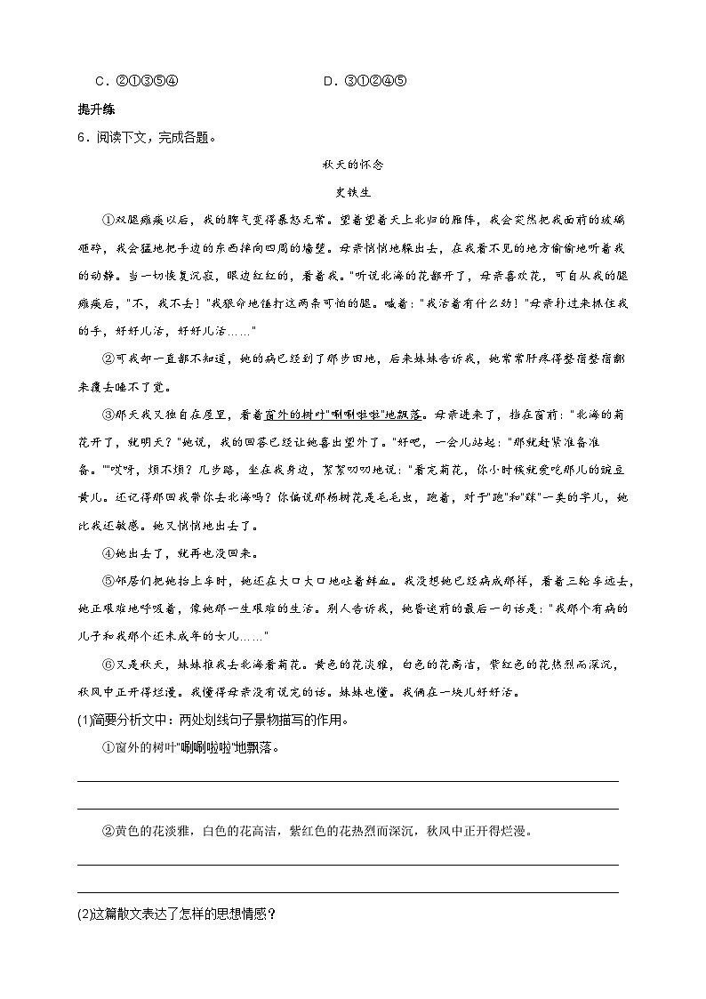 第5课《秋天的怀念》-2024-2025学年七年级语文上册练习(人教版)第2页