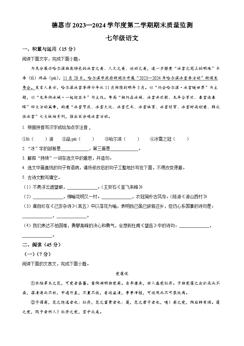 吉林省长春市德惠市2023-2024学年七年级下学期期末语文试题(原卷版+解析版)01