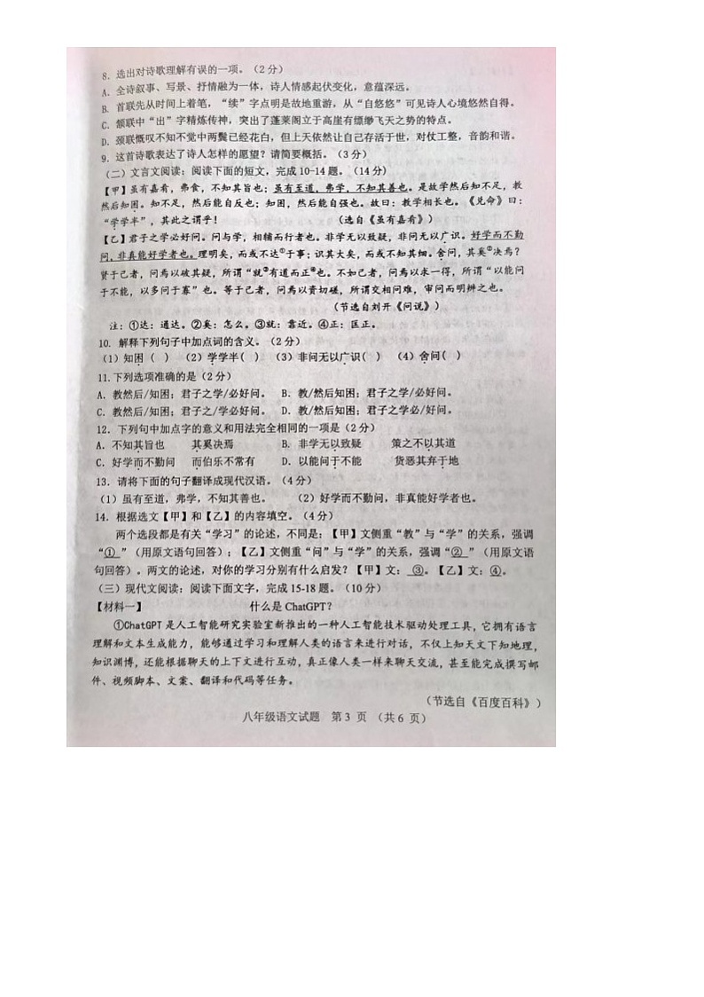 山东省菏泽市成武县2023-2024学年八年级下学期期末语文试题第3页