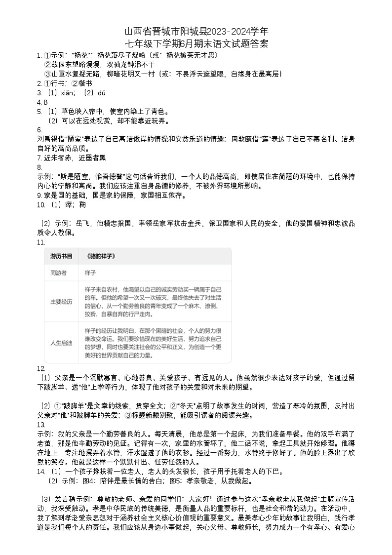 山西省晋城市阳城县2023-2024学年七年级下学期6月期末语文试题答案第1页