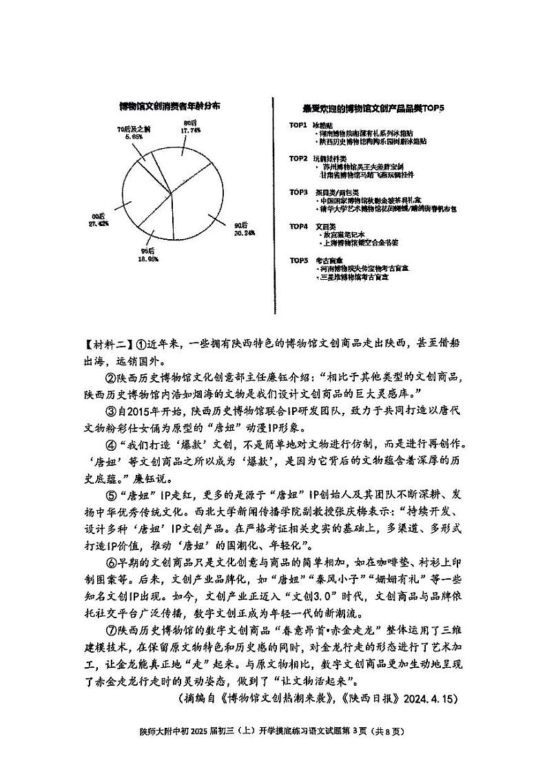 陕西省西安市雁塔区陕西师范大学附属中学2024-2025学年九年级上学期开学摸底考试语文试题第3页