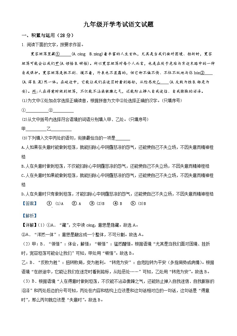 河南省信阳市淮滨县2024-2025学年九年级上学期开学考试语文试题(解析版)01