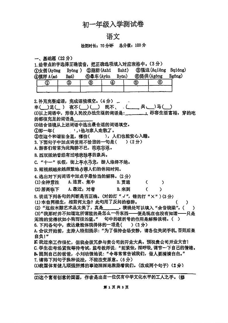 江西省南昌市青山湖区2024-2025学年七年级上学期入学测试语文卷01