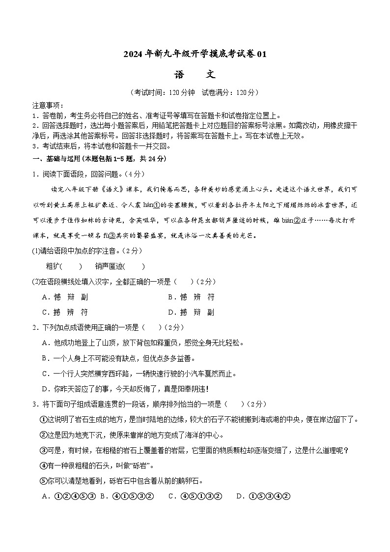 部编版语文九年级开学测试卷11(试卷+答案+解析)01