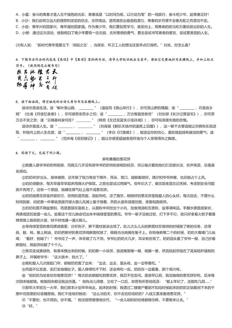 2023_2024学年甘肃武威初三上学期期末语文试卷(原题版+解析版)02