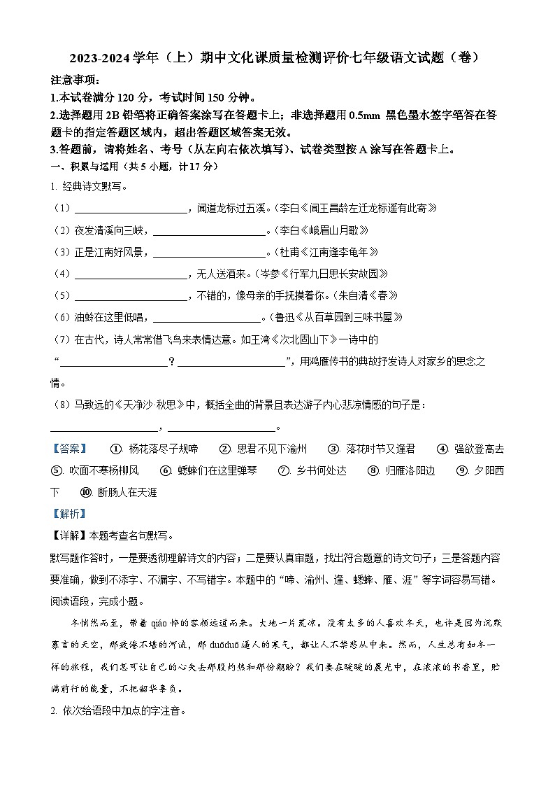 陕西省渭南市澄城县2023-2024学年七年级上学期期中语文试题(解析版)01