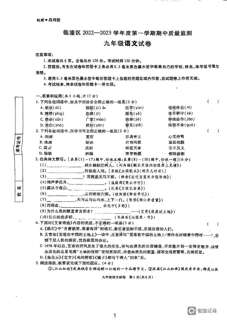 陕西省西安市临潼区代王初级中学2022-2023学年九年级上学期期中考试语文试卷第1页