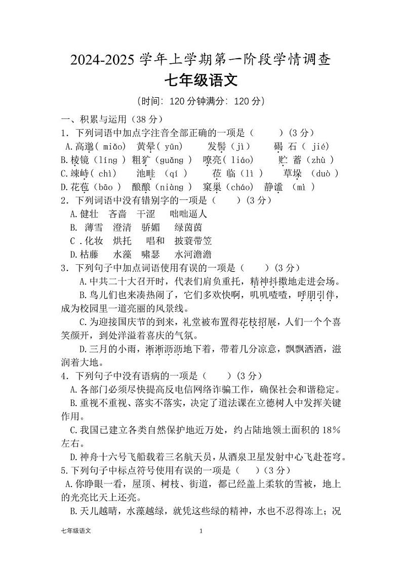 河南省濮阳市濮阳经济技术开发区第四初级中学2024-2025学年七年级上学期9月月考语文试题第1页
