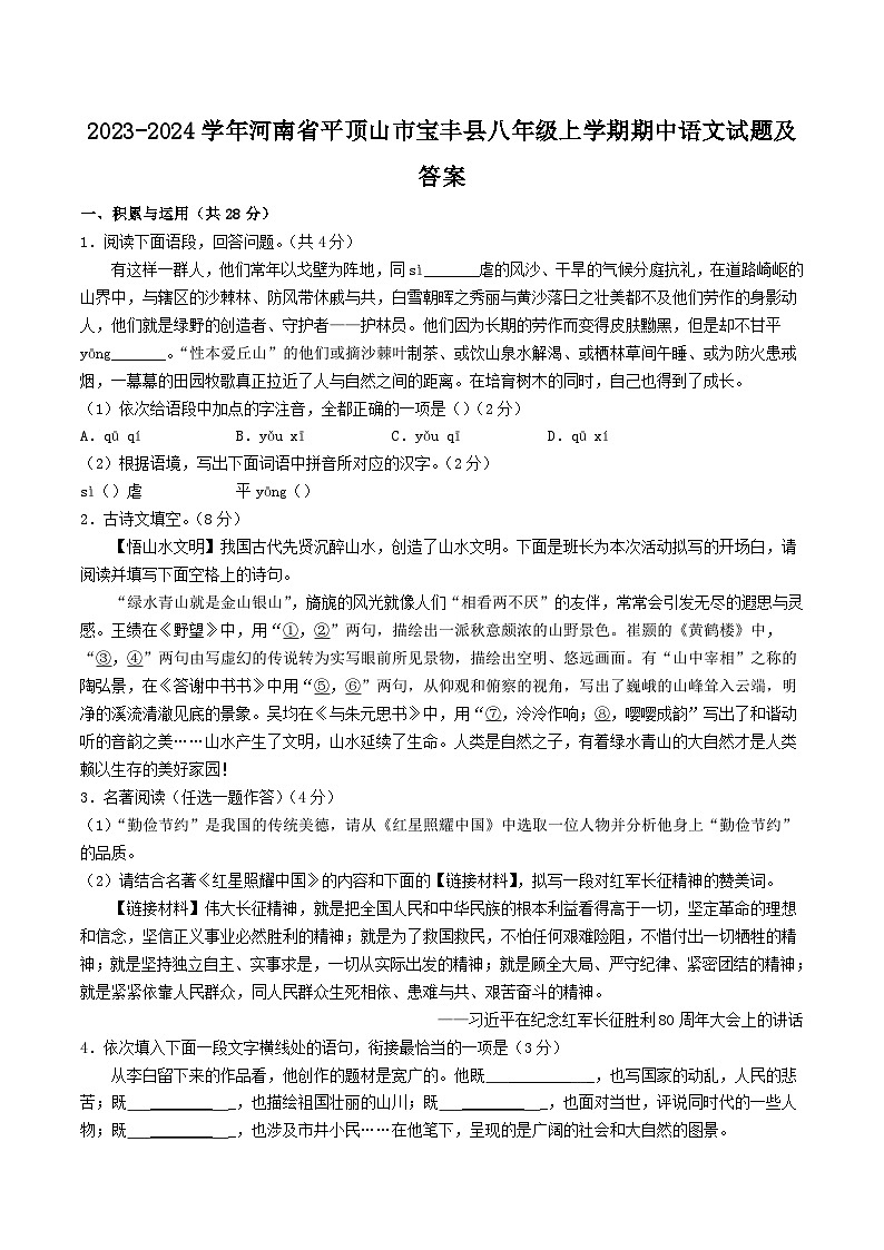 2023-2024學(xué)年河南省平頂山市寶豐縣八年級上學(xué)期期中語文試題及答案第1頁