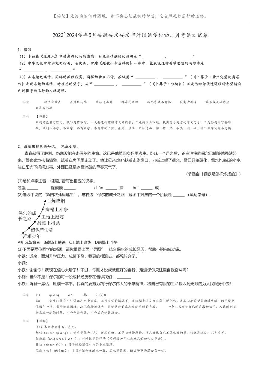 [语文]2023～2024学年5月安徽安庆安庆市外国语学校初二下学期月考语文试卷(原题版+解析版)