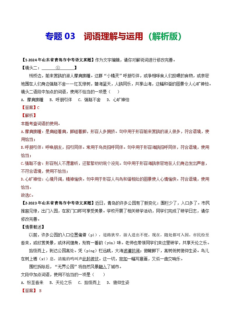 专题03 词语理解与运用-备战2025年中考语文专项精练(山东青岛专用)(解析版)第1页