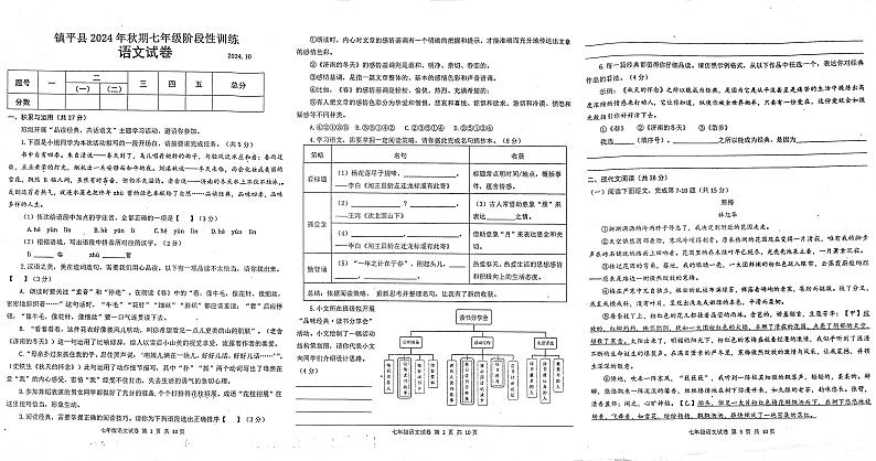 河南省南阳市镇平县2024-2025学年七年级上学期10月月考语文试题01
