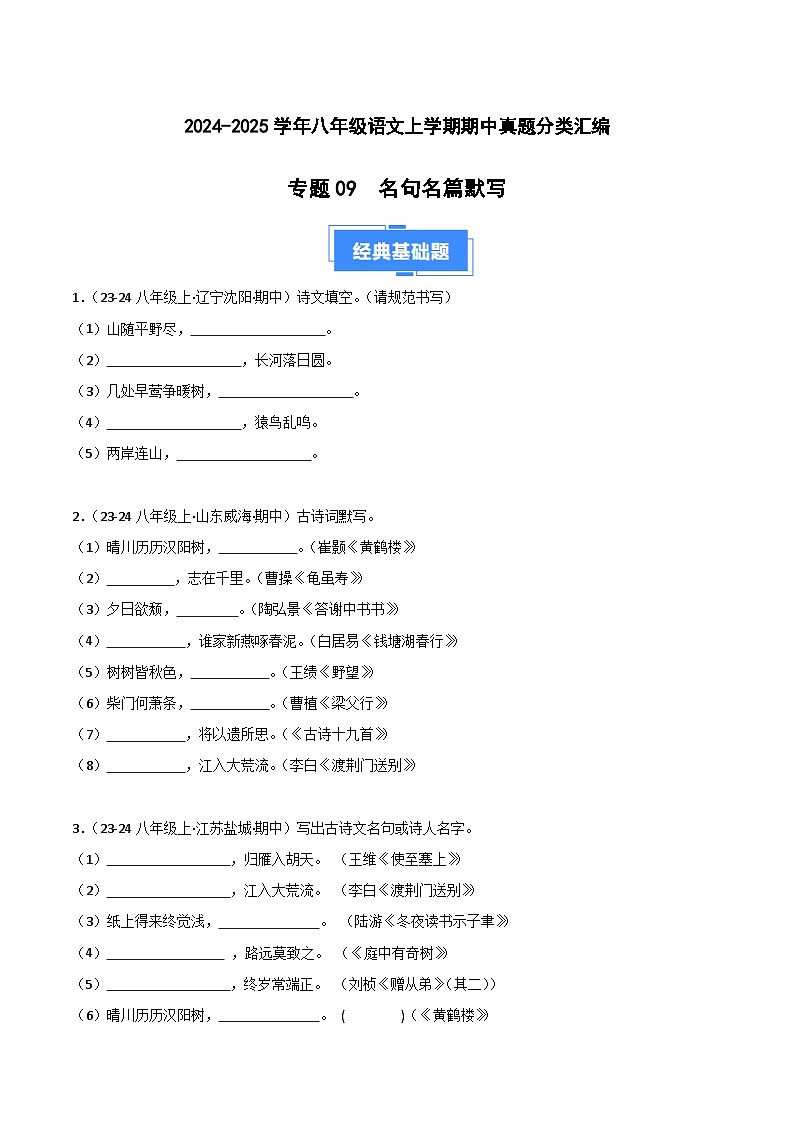 专题09 名句名篇默写(识记与理解)(原卷版)第1页
