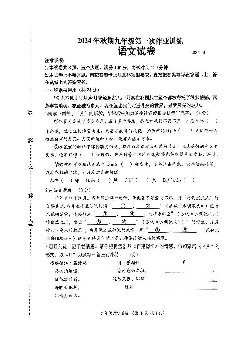 河南省南阳市镇平县2024-2025学年九年级上学期10月月考语文试题01