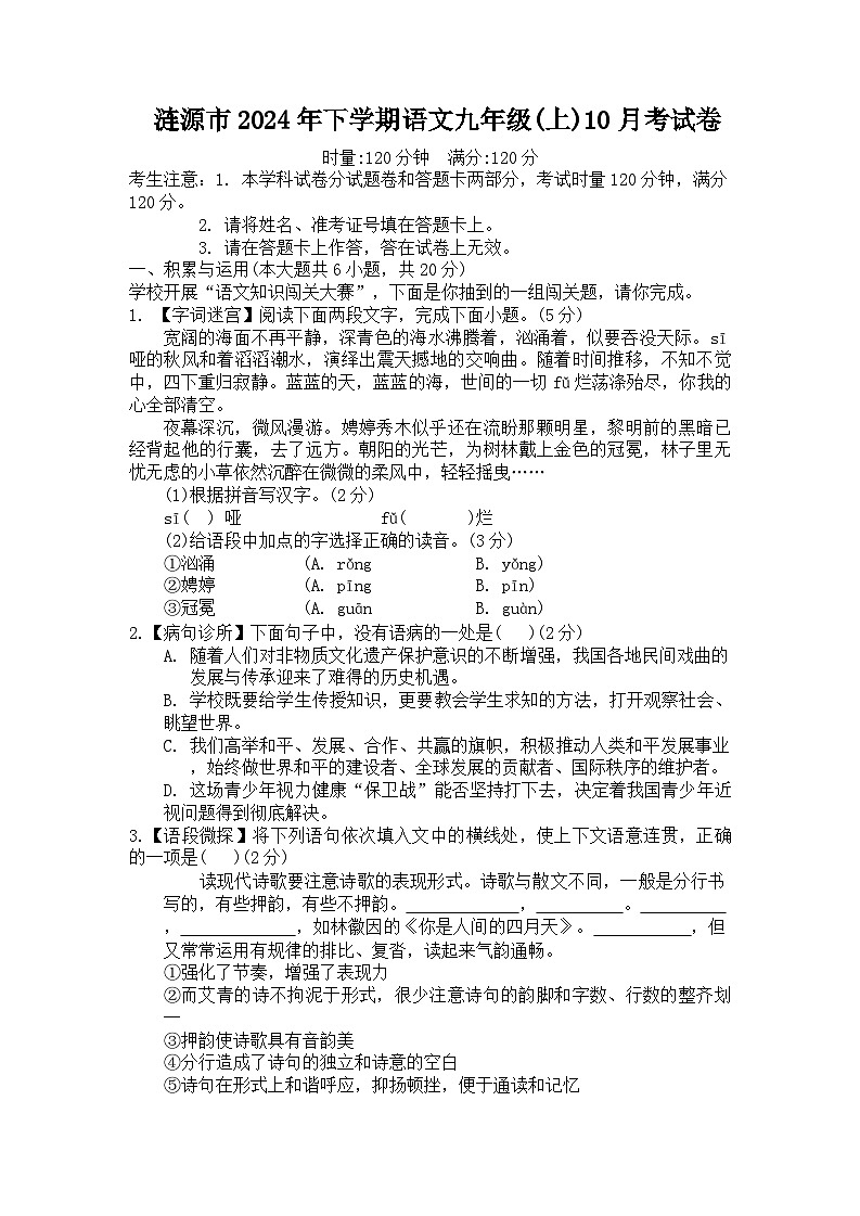 湖南省娄底市新化县多校2024-2025学年九年级上学期第一次月考语文试卷第1页