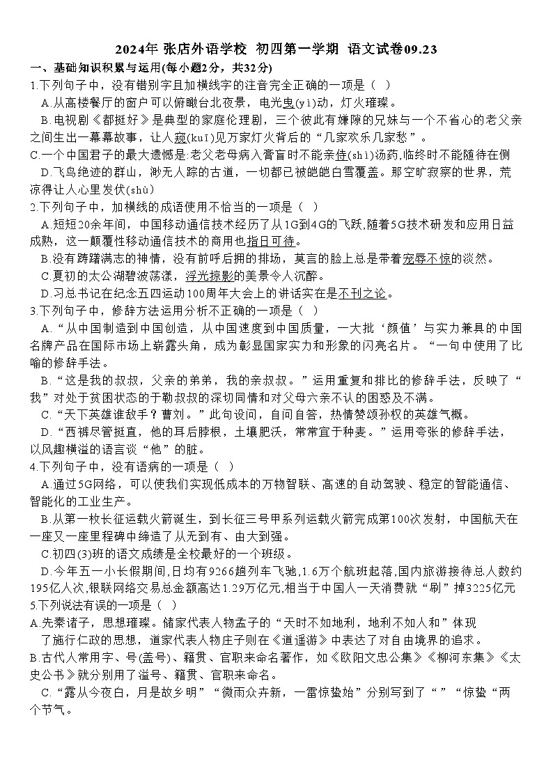 山东省淄博市张店外语实验学校2024-2025学年九年级上学期10月月考语文试题01