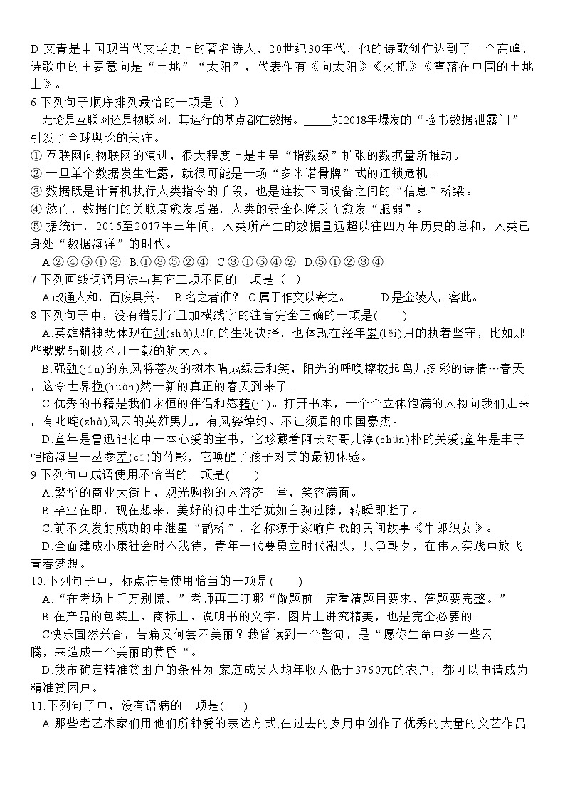 山东省淄博市张店外语实验学校2024-2025学年九年级上学期10月月考语文试题02