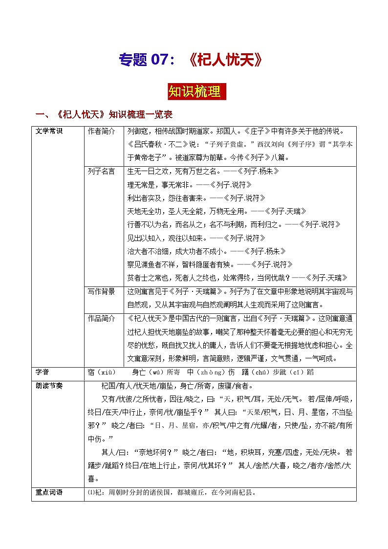 专题07 《杞人忧天》(知识梳理)-备战2025年中考语文·课内39篇文言文阅读01