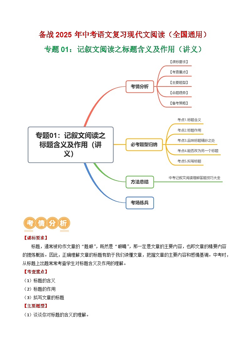 第1部分 专题01:记叙文阅读之标题含义及作用(讲义)-2025年中考语文复习 现代文阅读(全国通用)(教师版)第1页