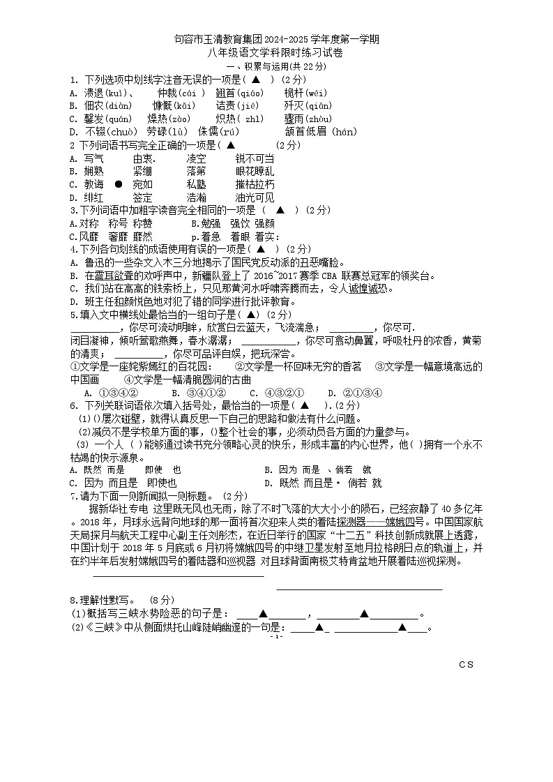 江苏省镇江市句容市玉清教育集团2024-2025学年八年级上学期第一次月考语文试题01