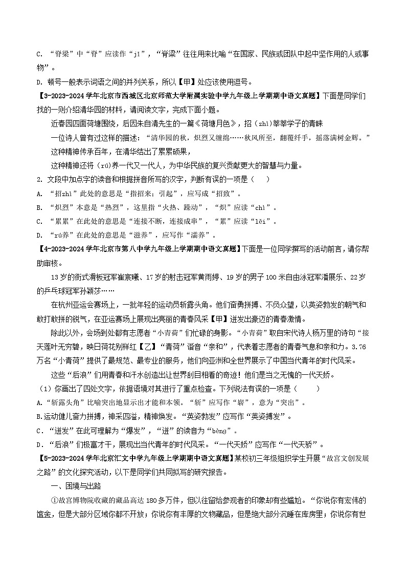 专题02 字音字形-备战2024-2025学年九年级语文上学期期中真题分类汇编(北京专用)(学生版)练习第2页