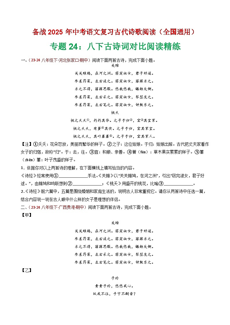 专题24:八下古诗词对比阅读精练-2025年中考语文复习 古代诗歌阅读(全国通用)(学生版)第1页