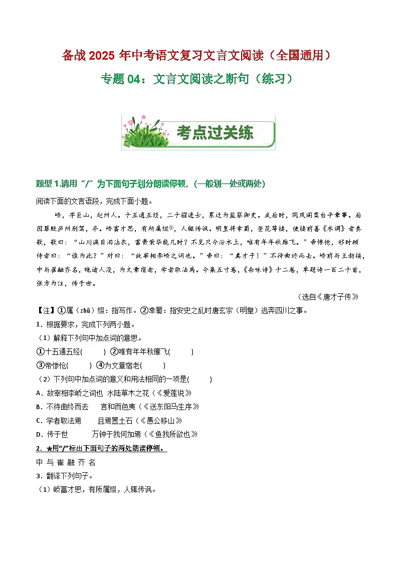 专题04:文言文阅读之断句(练习)-2025年中考语文复习 文言文阅读(全国通用)(学生版)第1页