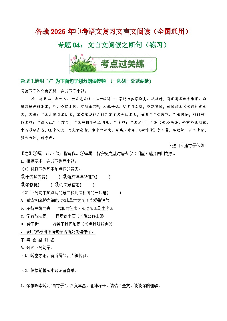 专题04:文言文阅读之断句(练习)-2025年中考语文复习 文言文阅读(全国通用)(教师版)第1页