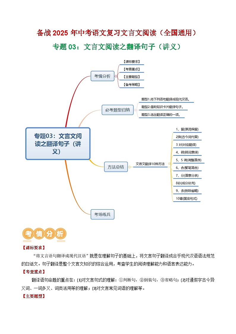 专题03:文言文阅读之翻译句子(讲义)-2025年中考语文复习 文言文阅读(全国通用)(教师版)第1页