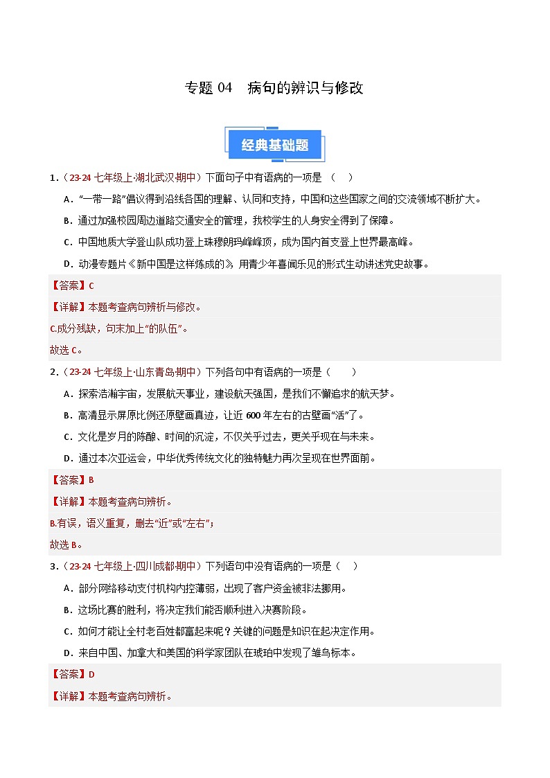 专题04 病句辨识与修改(解析版)第1页
