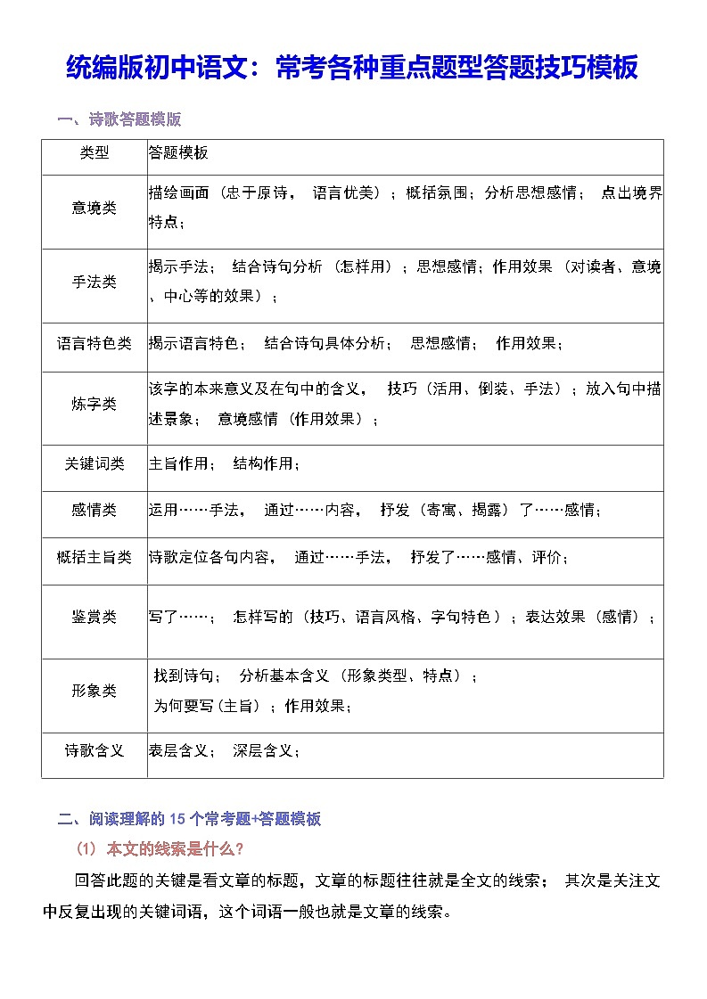 统编版中考语文:常考各种重点题型答题技巧模板 讲义第1页