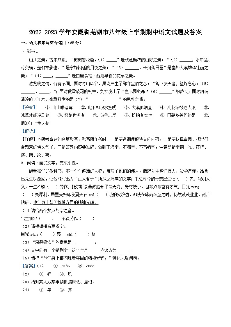 2022-2023学年安徽省芜湖市八年级上学期期中语文试题及答案01