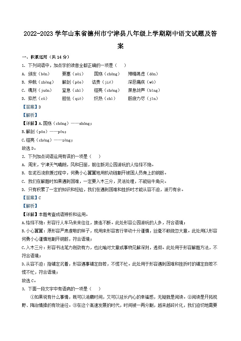 2022-2023学年山东省德州市宁津县八年级上学期期中语文试题及答案01