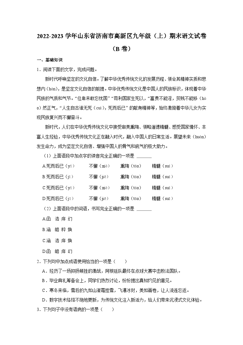 2022-2023学年山东省济南市高新区九年级（上）期末语文试卷（b卷）