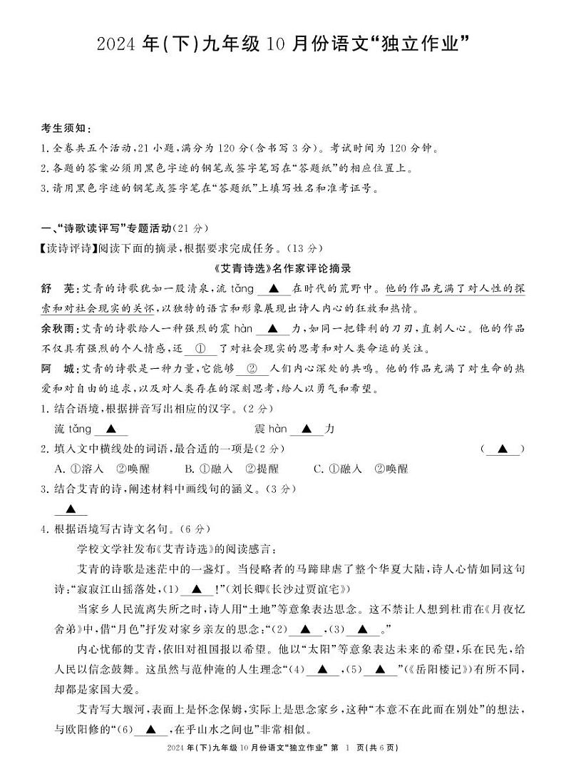 浙江省温州市龙湾私立学校联考2024-2025学年九年级上学期10月独立作业语文试题(01)第1页