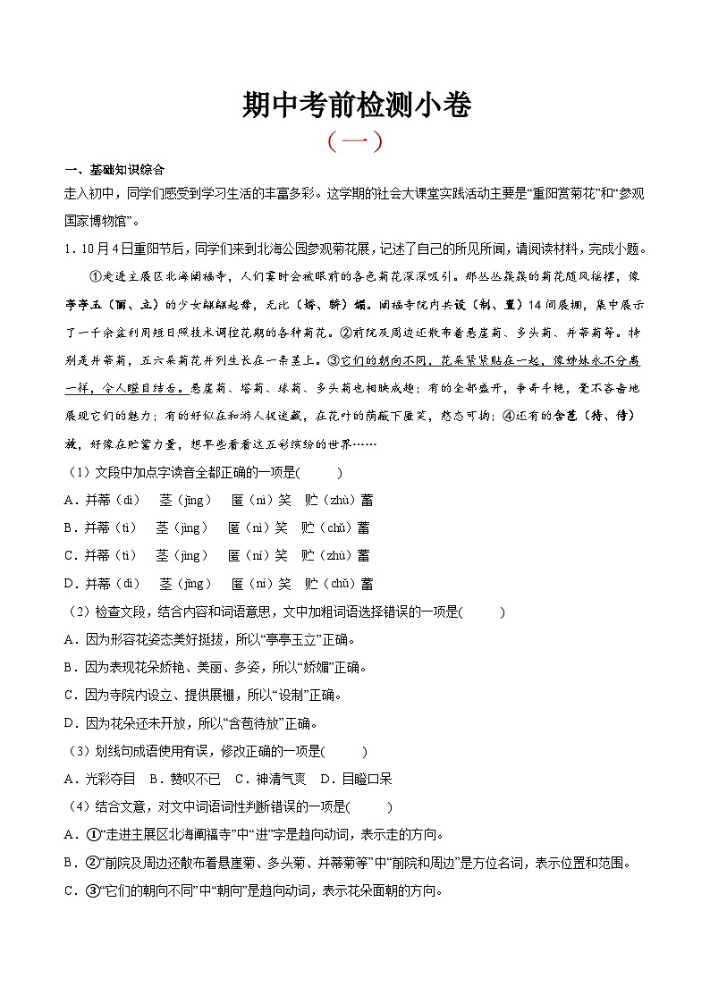 考前检测小卷(一)(附答案) 2024—2025学年七年级语文上册期中测试小卷(北京版)第1页