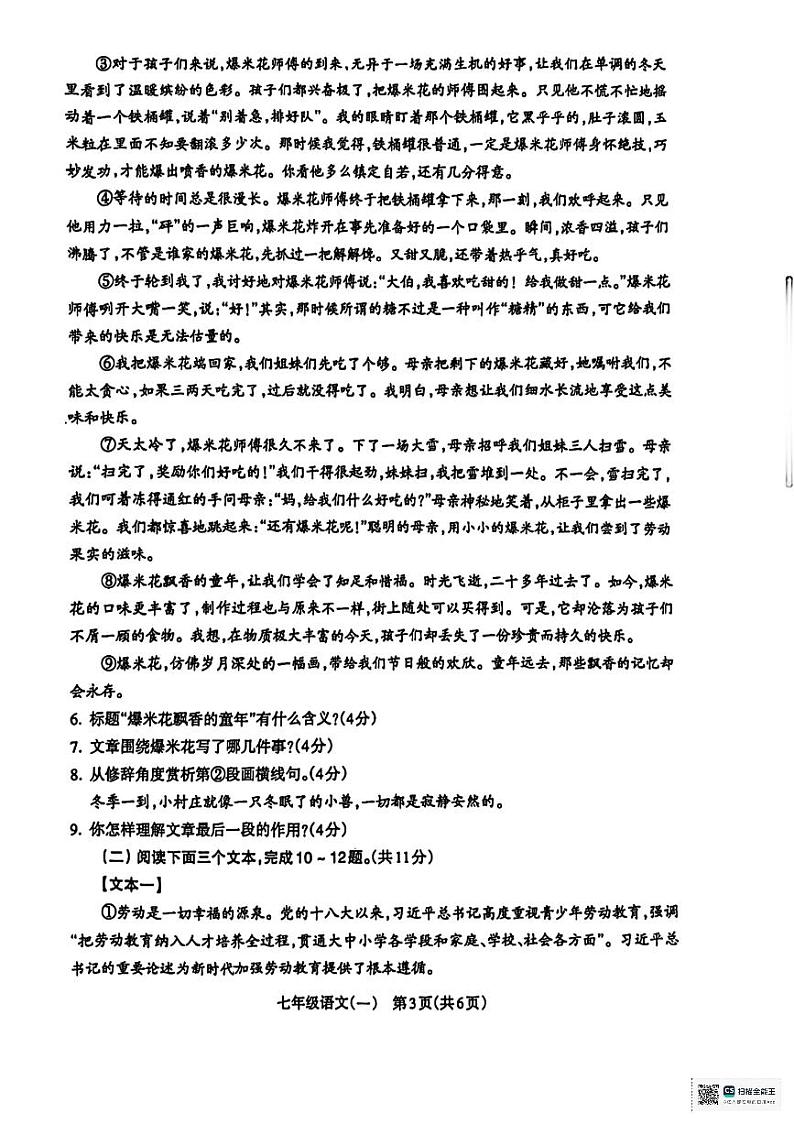 河南省驻马店确山县2024-2025学年七年级上学期10月月考语文试题第3页