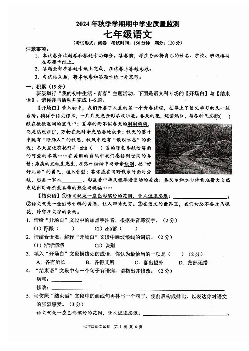 广西壮族自治区钦州市浦北县2024-2025学年七年级上学期10月期中语文试题第1页