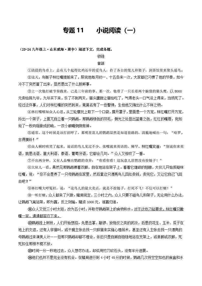 专题11 小说阅读(一)(原卷版)-备战2024-2025学年九年级语文上学期期中真题分类汇编(山东专用)第1页